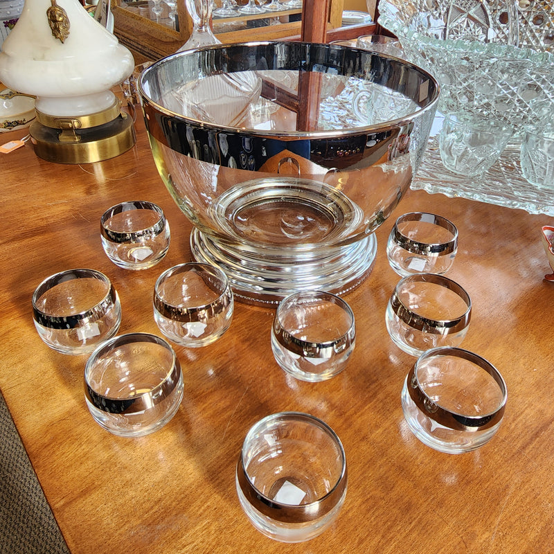 Dorothy Thorp, Roly Poly style Glass and Silver metallic rimmed punch bowl 10pc set