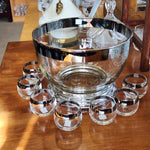 Dorothy Thorp, Roly Poly style Glass and Silver metallic rimmed punch bowl 10pc set