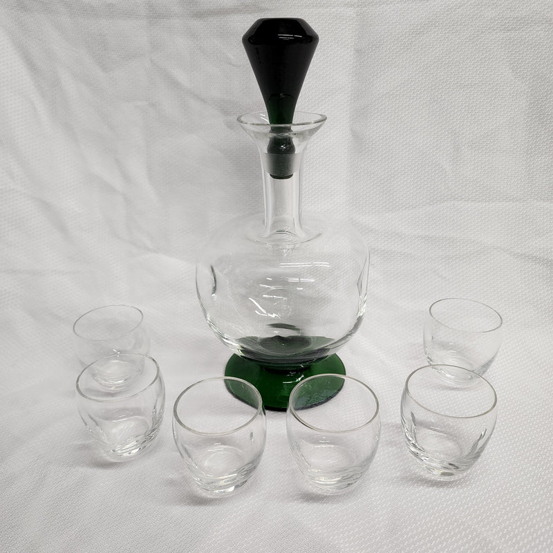 7pc Blown Glass Decanter and Glass Set Green pinch dimple glass