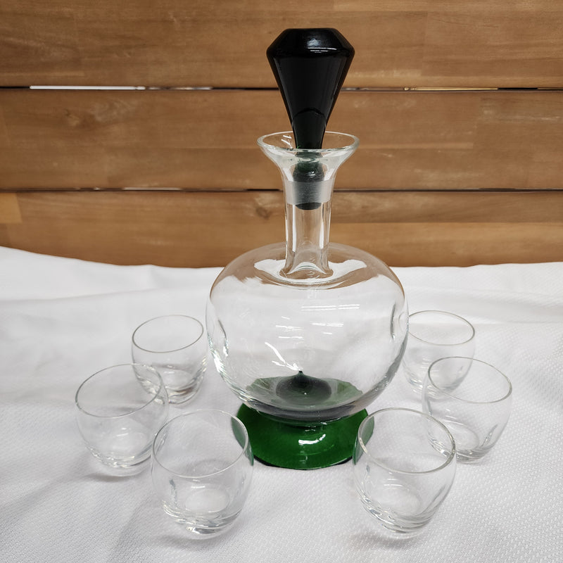 7pc Blown Glass Decanter and Glass Set Green pinch dimple glass