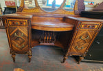 Antique wood inlay vanity with mirror and bench.