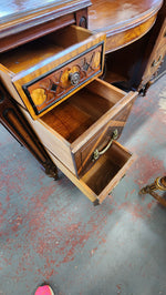 Antique wood inlay vanity with mirror and bench.