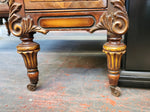 Antique wood inlay vanity with mirror and bench.