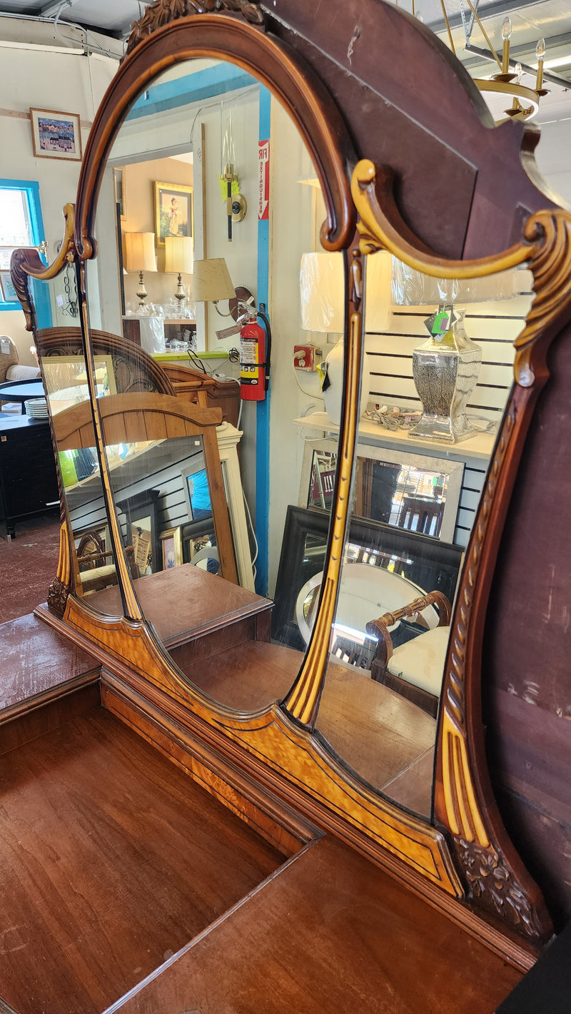 Antique wood inlay vanity with mirror and bench.