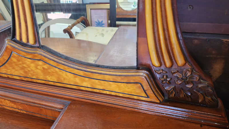 Antique wood inlay vanity with mirror and bench.