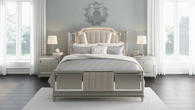 NIB Queen Ashley Chevanna Platinum Upholstered Bed