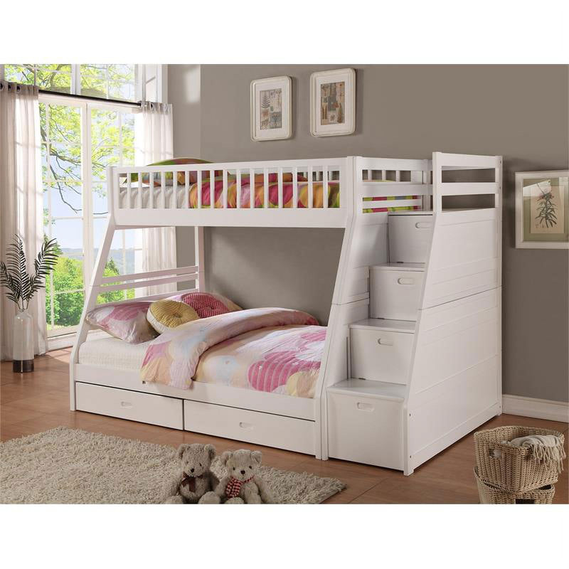 BEKids Solid Wood Twin/Full Bunk Bed with Stairs - White