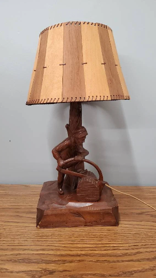 Signed Paul Emile Caron Carved Wood Corded Lamp Tree and Man sawing