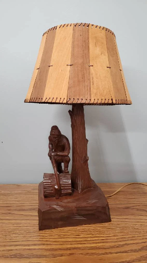 Signed Paul Emile Caron Carved Wood Corded Lamp Tree and Man sawing